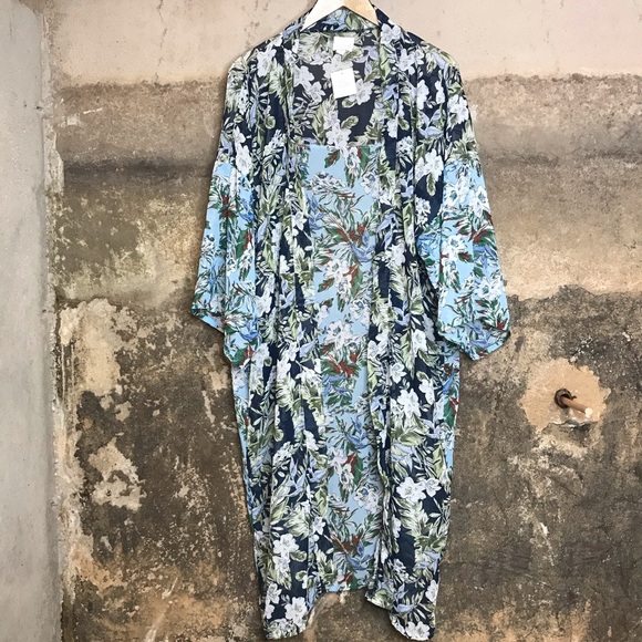 14th & Union Sweaters - 14th & Union blue floral sheer kimono cardigan